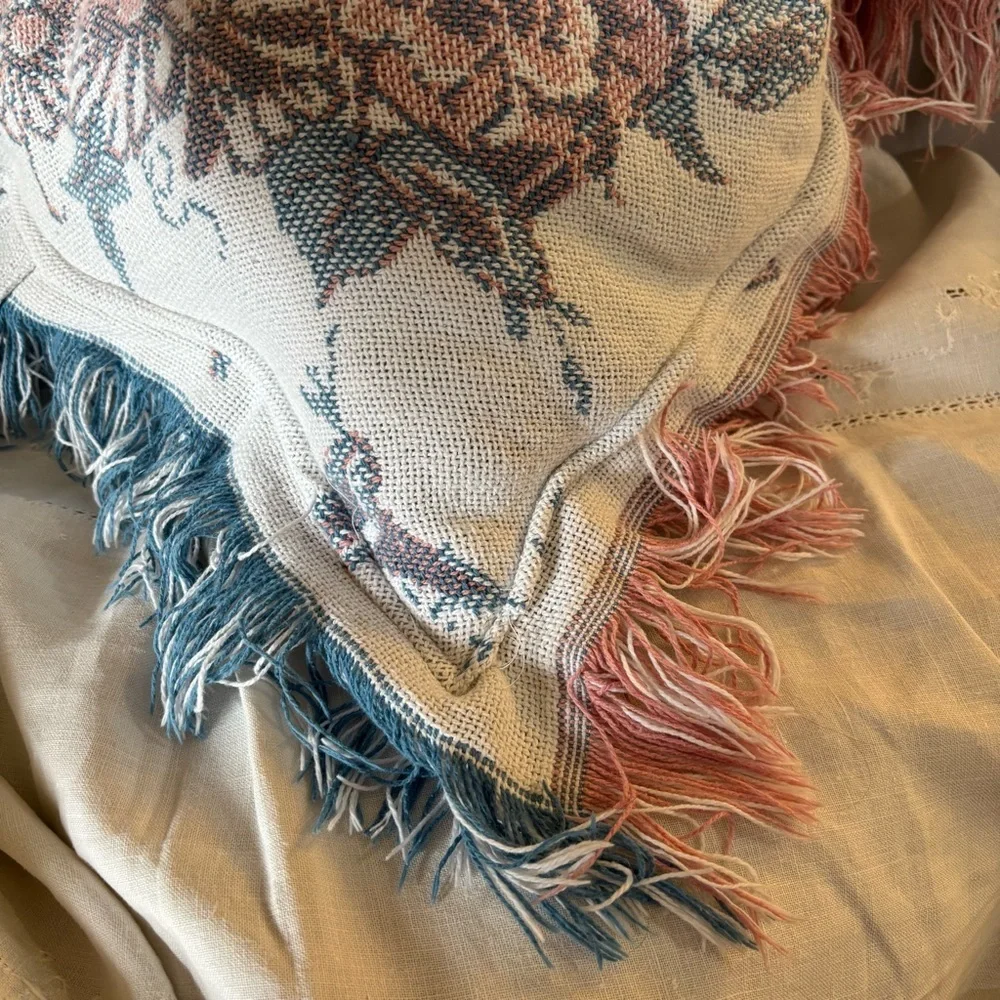 Oversized Vintage Quilt Tapestry Turned into Heart Shaped Cherub Pillow w Fringe